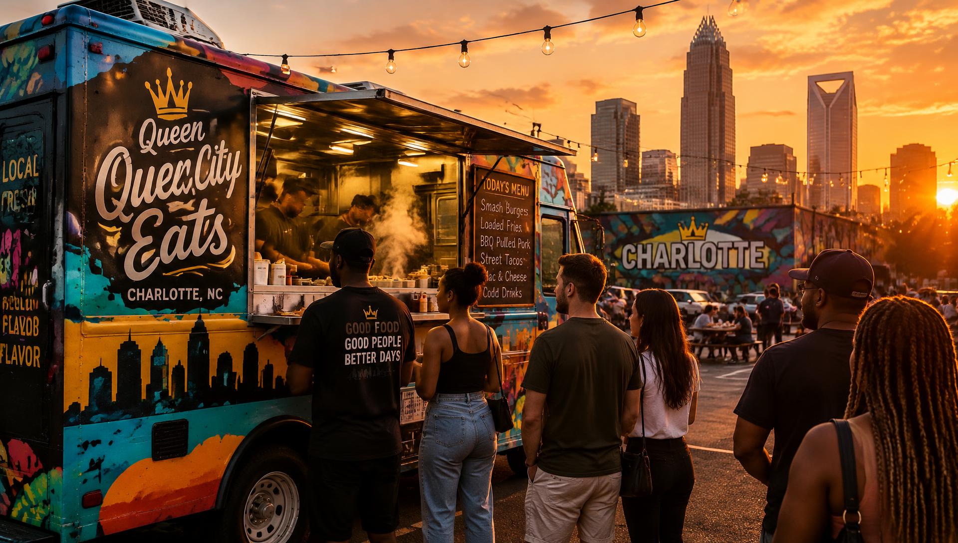 Food truck serving a crowd at sunset in Charlotte